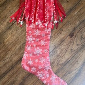 One-of-a-Kind Handmade Red Christmas Stocking with Snowflakes & Jingle Bells